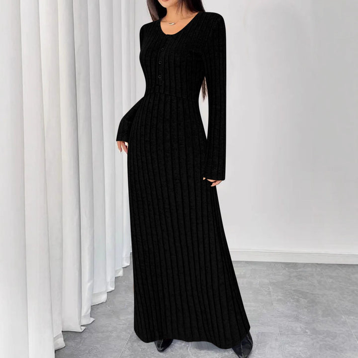 Damen Geripptes Maxi-Strickkleid mit Taillennaht und Knopfleiste Echoarchiv