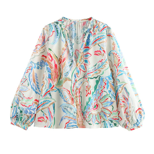 Damen Leichte Viskose-Bluse mit Aquarell‑Floralprint, V‑Ausschnitt und Ballonärmeln Echo Archiv