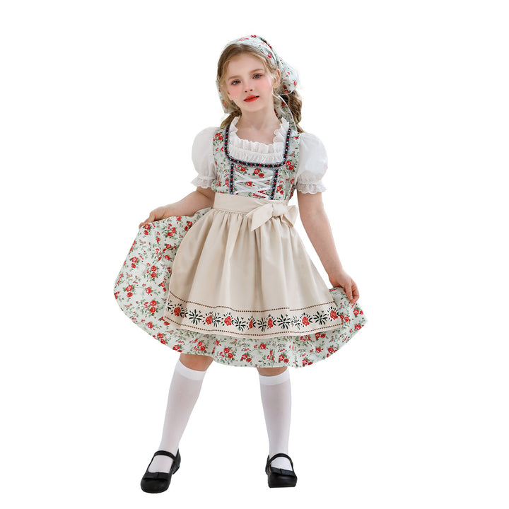 Damen nan traditionelles Dirndlkleid für Mädchen mit bestickter Schürze, Rüschenkragen und passendem Kopftuch Echo Archiv