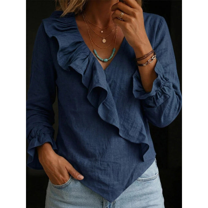 Damen Volant‑Bluse im Leinenlook mit Wickeloptik und asymmetrischem Zipfelsaum Echoarchiv