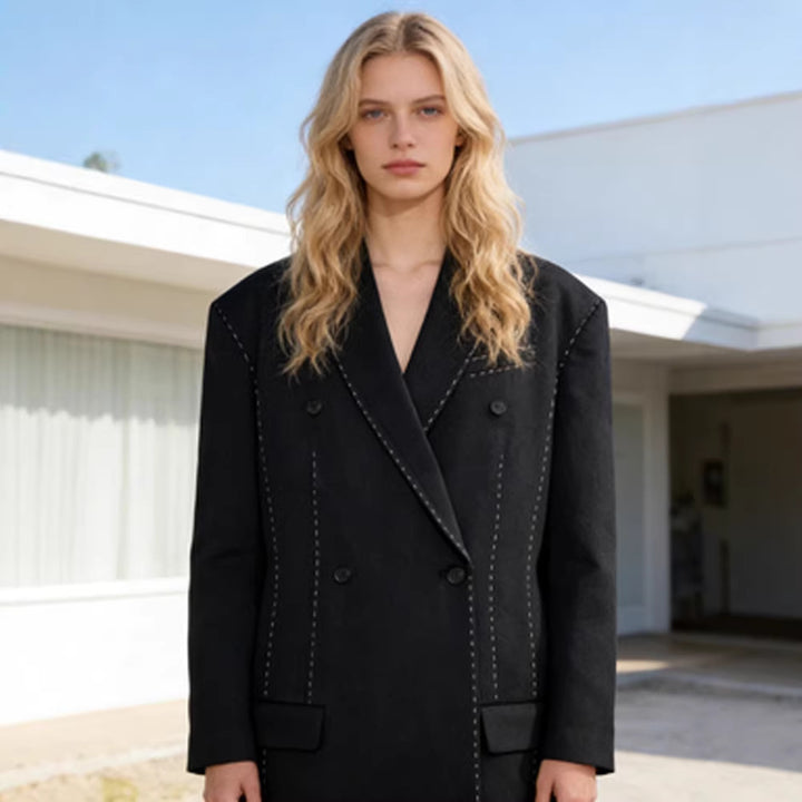 Damen Doppelreihiger Oversize-Mantelblazer mit markanter Schulterpartie & Ziersteppungen Echoarchiv