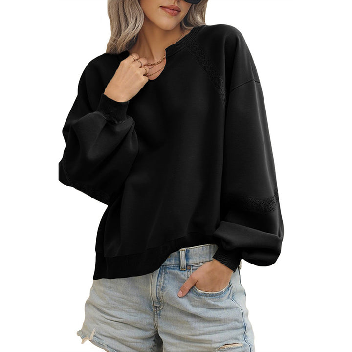Damen Lässiges Sweatshirt mit V-Notch, Spitzeneinsätzen und Ballonärmeln – Mavelle