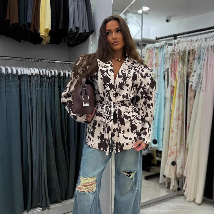 Damen Gemusterter taillierender Blazer mit Kordelgürtel und überschnittenen Schultern Echoarchiv