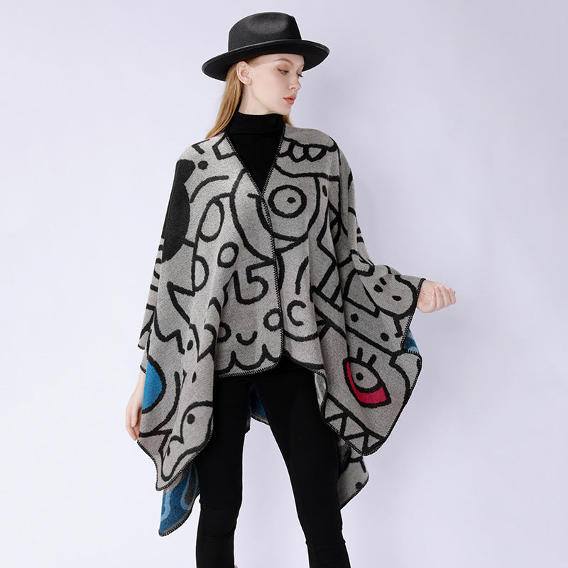 Damen Oversize-Poncho im künstlerischen Print mit zweifarbiger Kantenverarbeitung und asymmetrischem Zipfelsaum – Veloura