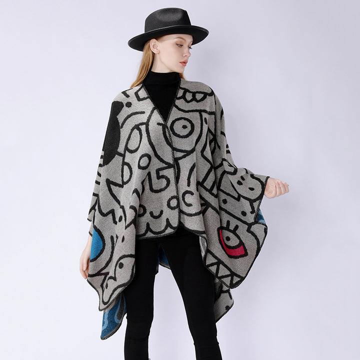 Damen Oversize-Poncho im künstlerischen Print mit zweifarbiger Kantenverarbeitung und asymmetrischem Zipfelsaum – Veloura