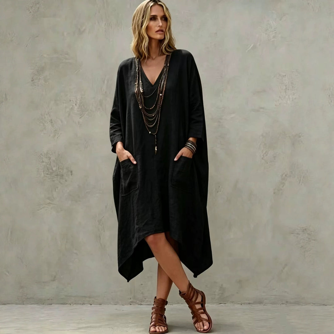 Damen nan Oversize Kaftankleid mit V-Ausschnitt, Eingrifftaschen und asymmetrischem Saum Echo Archiv