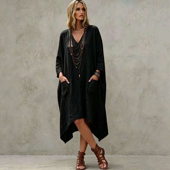Damen nan Oversize Kaftankleid mit V-Ausschnitt, Eingrifftaschen und asymmetrischem Saum Echo Archiv