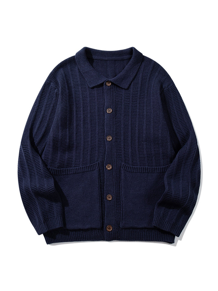 Unisex Strukturiertes Strickcardigan mit Hemdkragen und aufgesetzten Taschen Echoarchiv