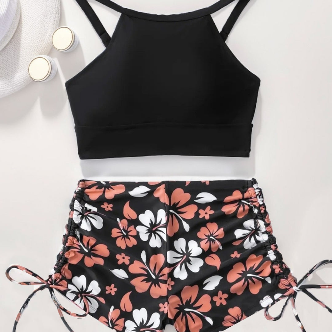 Damen Sportliches Bikini-Set mit hochgeschlossenem Oberteil und Rüschenhose Echo Archiv