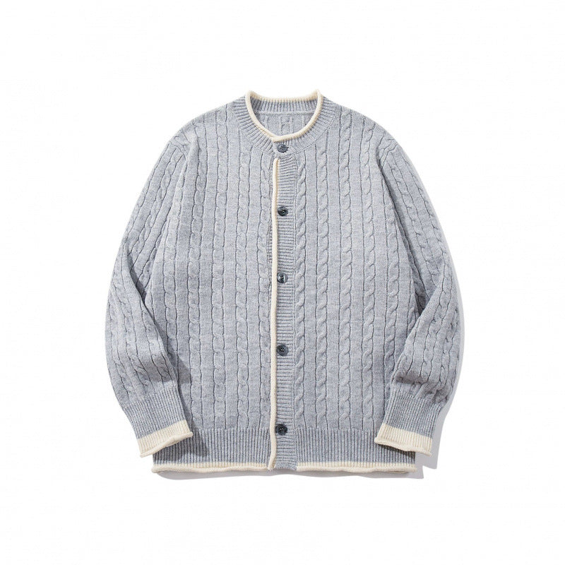 Unisex Feinstrick-Cardigan mit Zopfmuster, Rundhalsausschnitt und Kontrastblende Echo Archiv