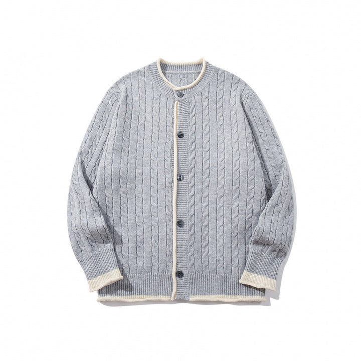 Unisex Feinstrick-Cardigan mit Zopfmuster, Rundhalsausschnitt und Kontrastblende Echo Archiv
