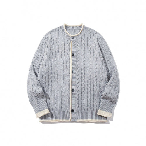 Unisex Feinstrick-Cardigan mit Zopfmuster, Rundhalsausschnitt und Kontrastblende Echo Archiv