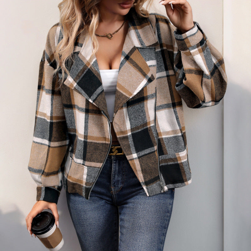 Damen Oversize-Karo-Shacket mit Reverskragen, Reißverschluss & aufgesetzten Taschen Echoarchiv