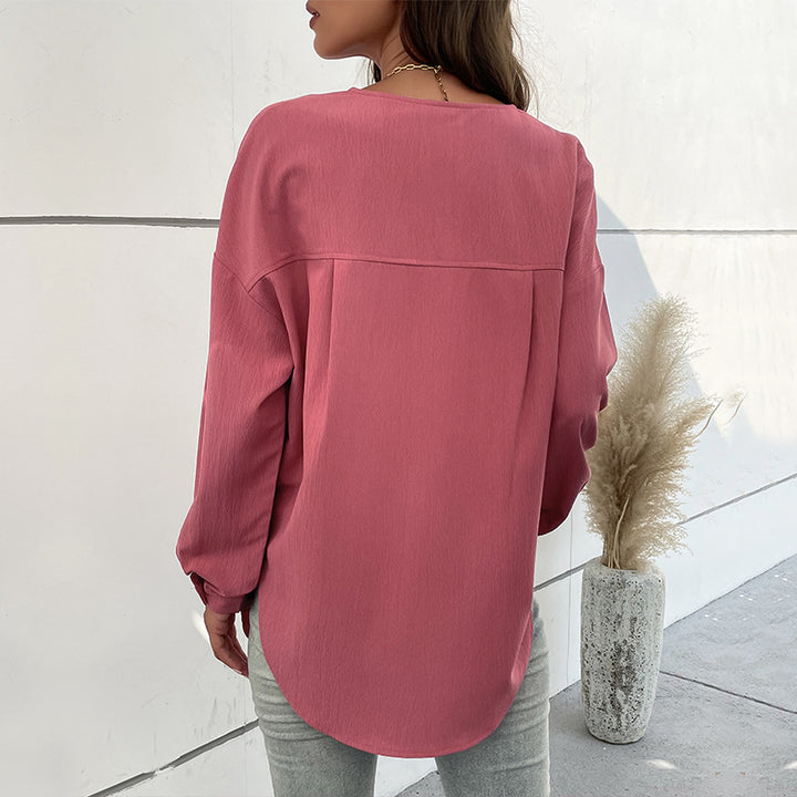 Damen Texturiertes Henley-Blusenshirt mit Knopfleiste und Brusttasche Echoarchiv