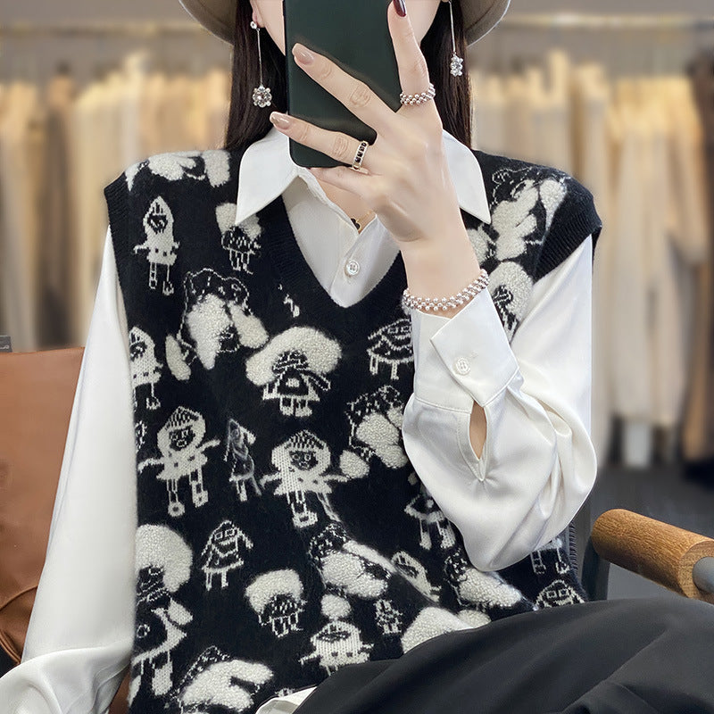Damen Oversize-Strickweste mit V‑Ausschnitt und verspieltem Jacquard‑Motiv Echoarchiv