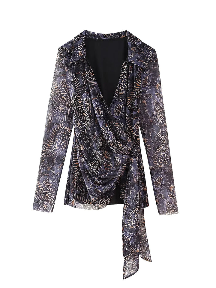 Damen nan drapiertes Wickelchiffon-Blusentop mit Hemdkragen und langen Bindeschleifen Echo Archiv