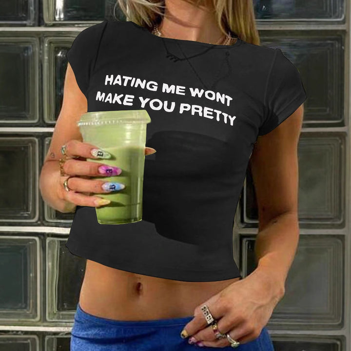 Damen Figurbetontes Crop-T-Shirt mit statement Schriftzug Echo Archiv