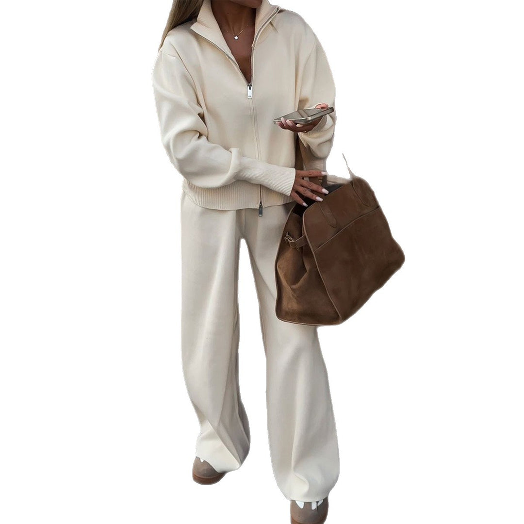 Damen Strick-Loungewear-Set mit halbhohem Kragen, Reißverschluss und weitem Highwaist-Hose – Mavelle