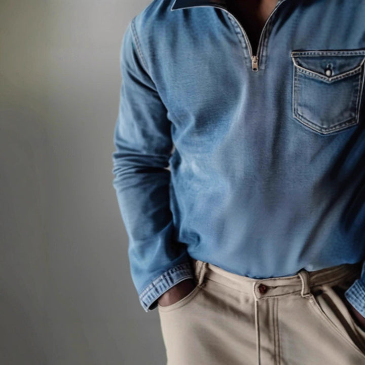 Herren Jeanshemd mit kurzem Reißverschluss und Brusttasche Echoarchiv