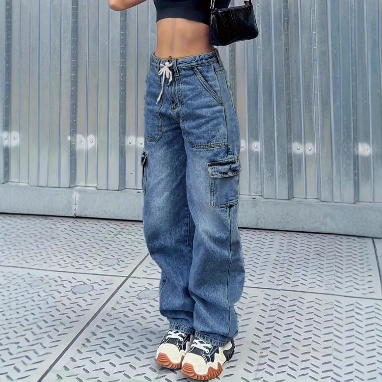 Damen Cargo-Jeans im Baggy-Look mit hoher Taille, Tunnelzug und aufgesetzten Pattentaschen Echo Archiv