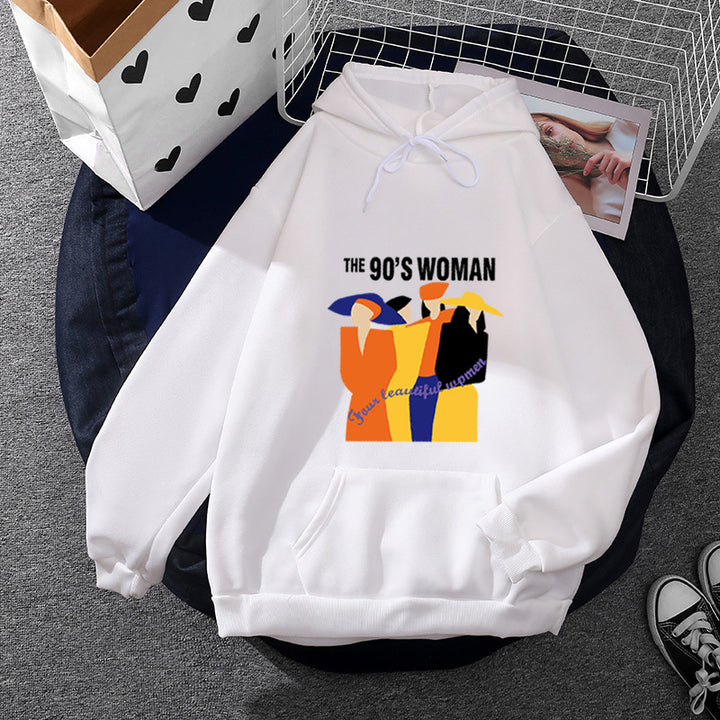 Damen weit geschnittener Kapuzenpullover mit Neunzigerjahre-Illustrationsprint, angerautem Fleece und Kängurutasche – Auréline