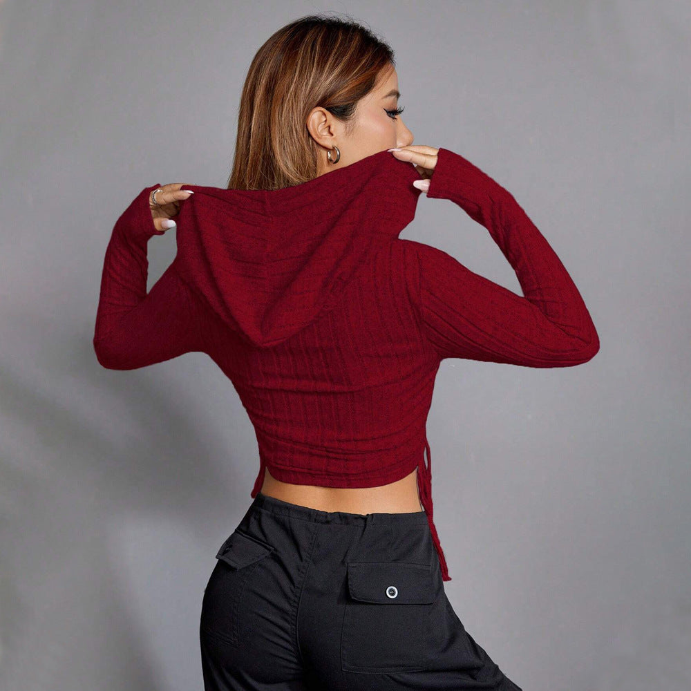 Damen geripptes Crop-Hoodie mit Tunnelzugseitennähten, figurbetonter Silhouette und langen Ärmeln – Auréline