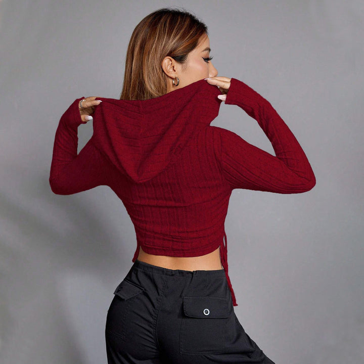 Damen geripptes Crop-Hoodie mit Tunnelzugseitennähten, figurbetonter Silhouette und langen Ärmeln – Auréline