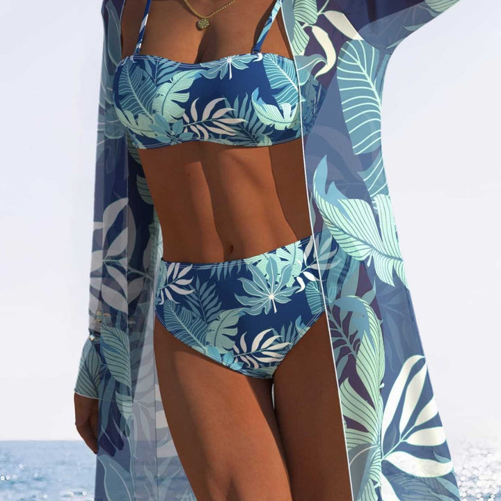 Damen Bikini-Set mit fließendem Strandüberwurf und tropischem Blattmuster Echo Archiv