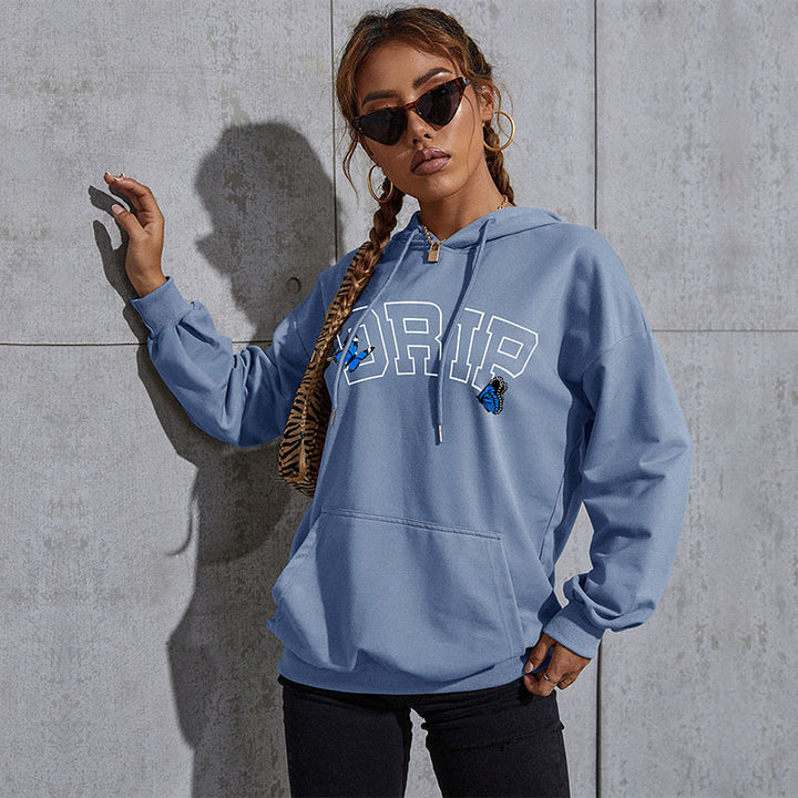 Damen Oversize-Kapuzenpullover mit Kängurutasche und Schmetterling-Stickerei Echoarchiv