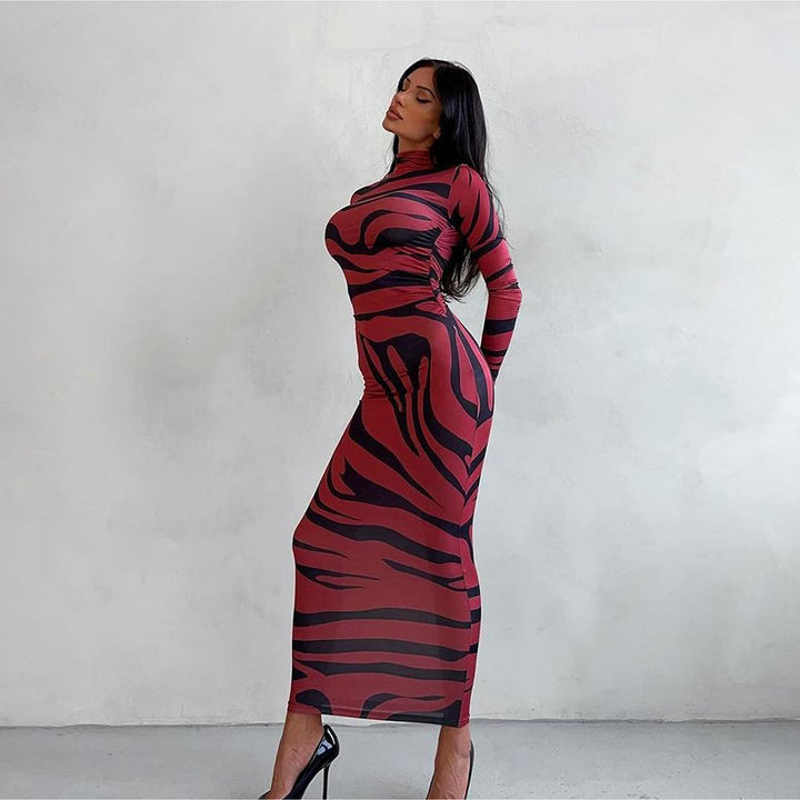 Damen Elegantes transparentes Maxikleid mit Leopardenmotiv und langem Arm Echo Archiv