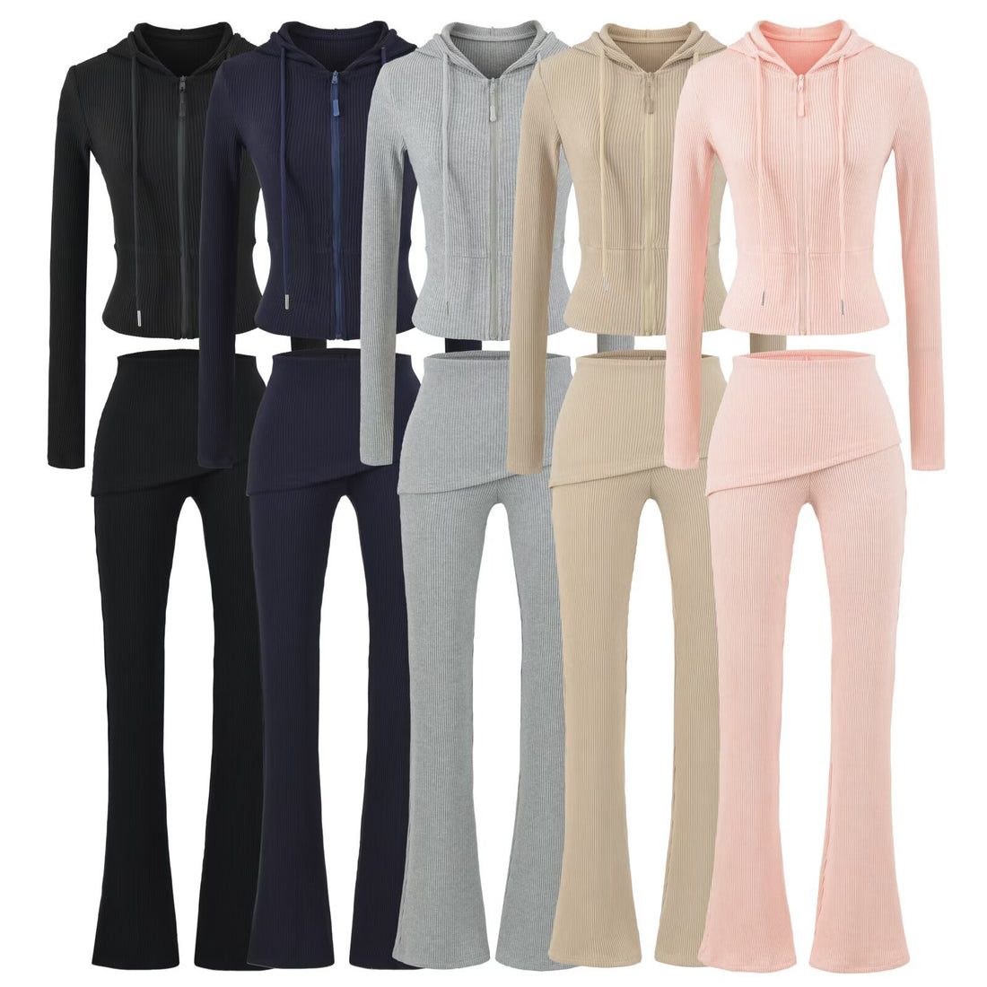Damen Rippstrick Lounge-Set mit Kapuzenjacke und Wickelbund-Hose Echoarchiv