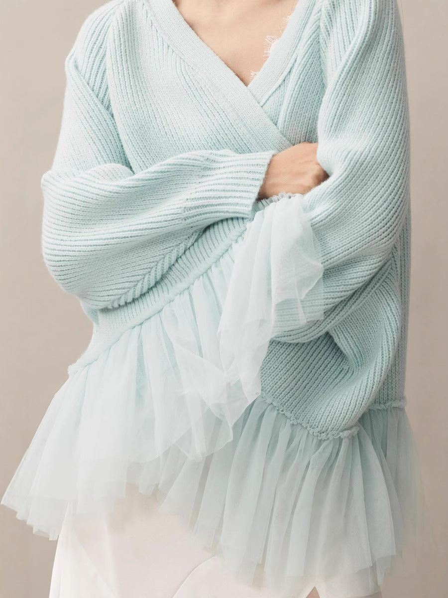 Damen Modischer Strickpullover mit Tülldetails – Mavelle