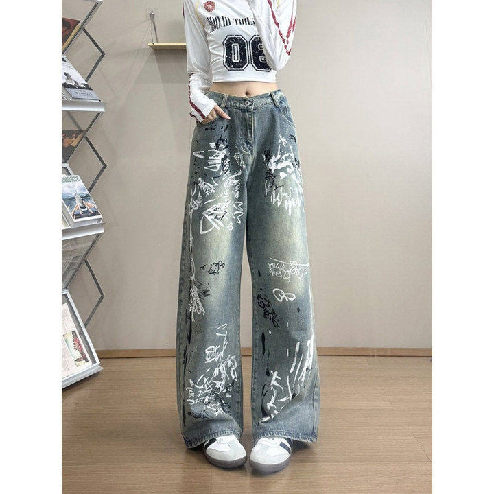 Damen Stylische Oversized Jeans mit grafischem Print Echoarchiv