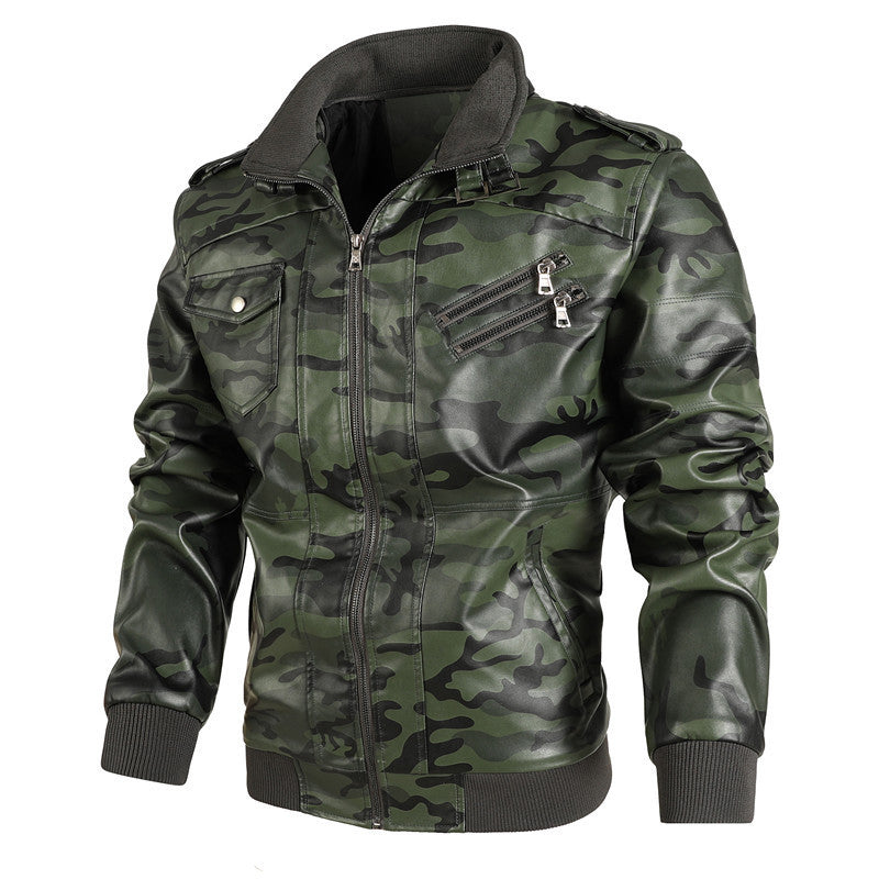 Herren Camouflage Kunstleder-Bomberjacke mit Reißverschluss-Brusttaschen und Rippbündchen – Brevano