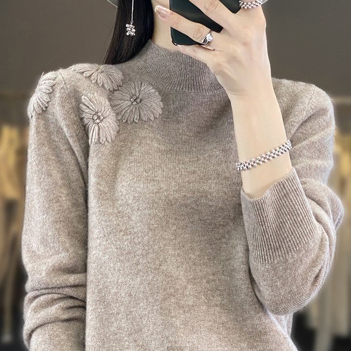 Damen Weicher Feinstrickpullover mit kurzem Stehkragen, 3D‑Blütenapplikation und gerippten Bündchen Echoarchiv