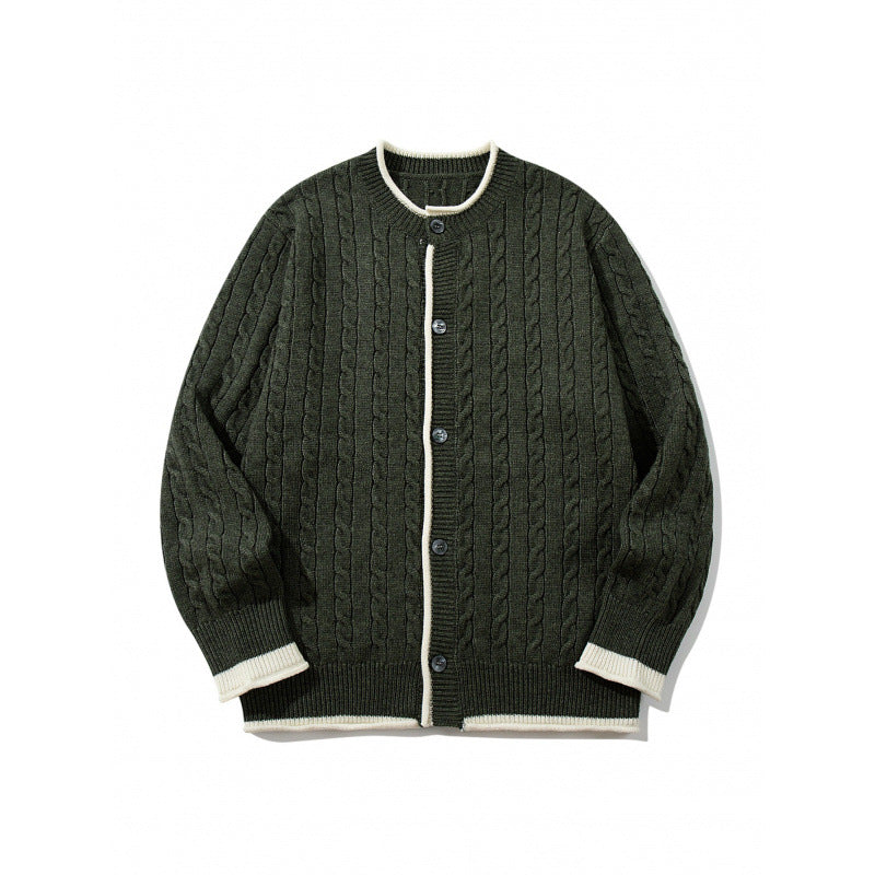 Unisex Feinstrick-Cardigan mit Zopfmuster, Rundhalsausschnitt und Kontrastblende Echo Archiv