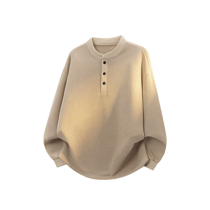 Unisex Weitgeschnittener Waffelstrick-Henleypullover mit Stehkragen Echoarchiv
