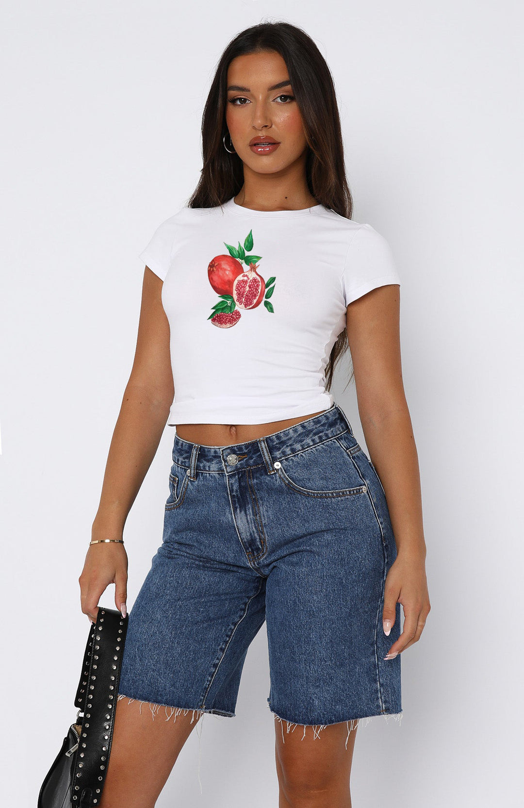 Damen Kurzarm Crop-Top mit fruchtigem Motiv und figurbetontem Schnitt Echo Archiv