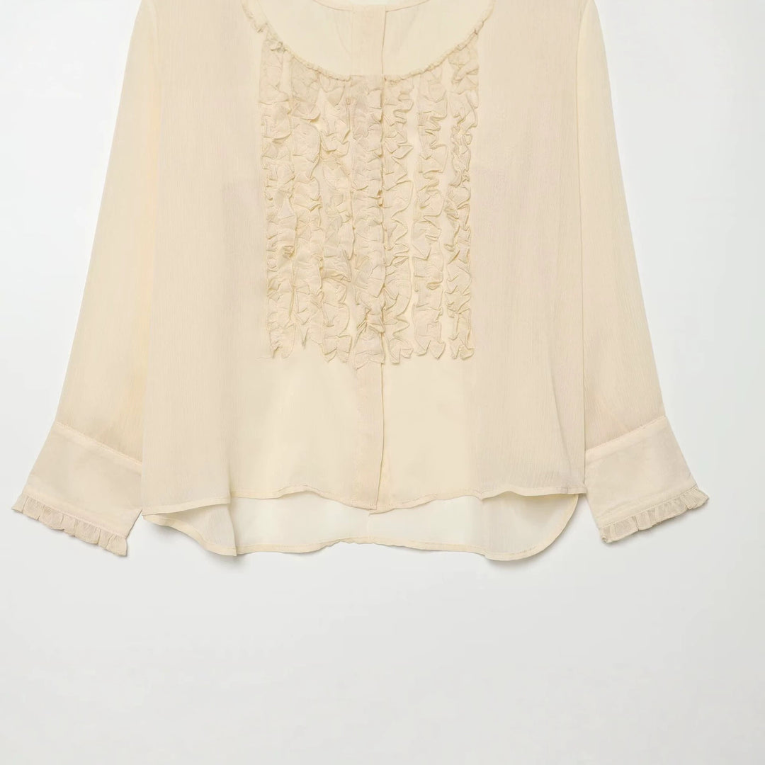 Damen Rüschengesäumte Chiffonbluse mit verdeckter Knopfleiste und übergroßem Hemdkragen Echo Archiv