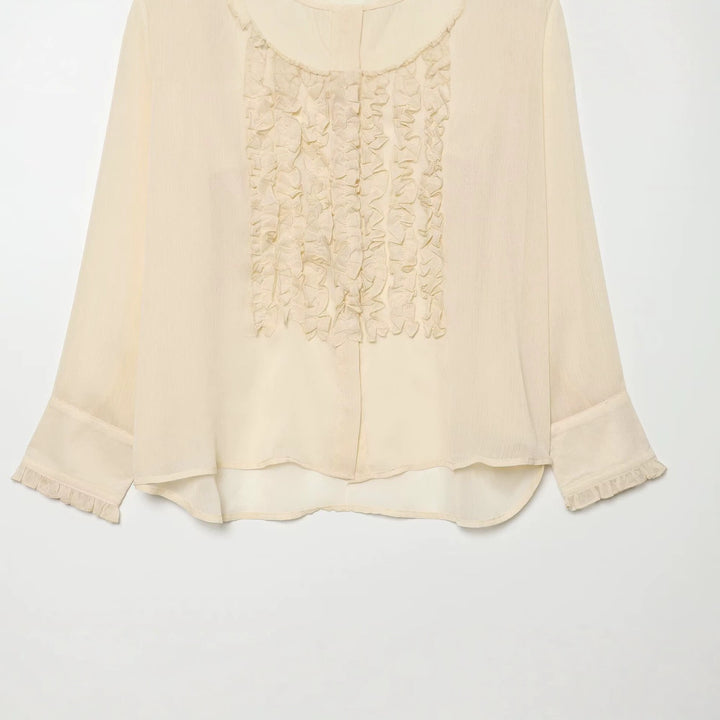 Damen Rüschengesäumte Chiffonbluse mit verdeckter Knopfleiste und übergroßem Hemdkragen Echo Archiv