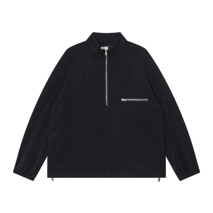 Unisex Oversize Halbzip-Pullover aus Cord‑Mix mit Brust-Reißverschlusstasche und Kordelzugsaum Echoarchiv