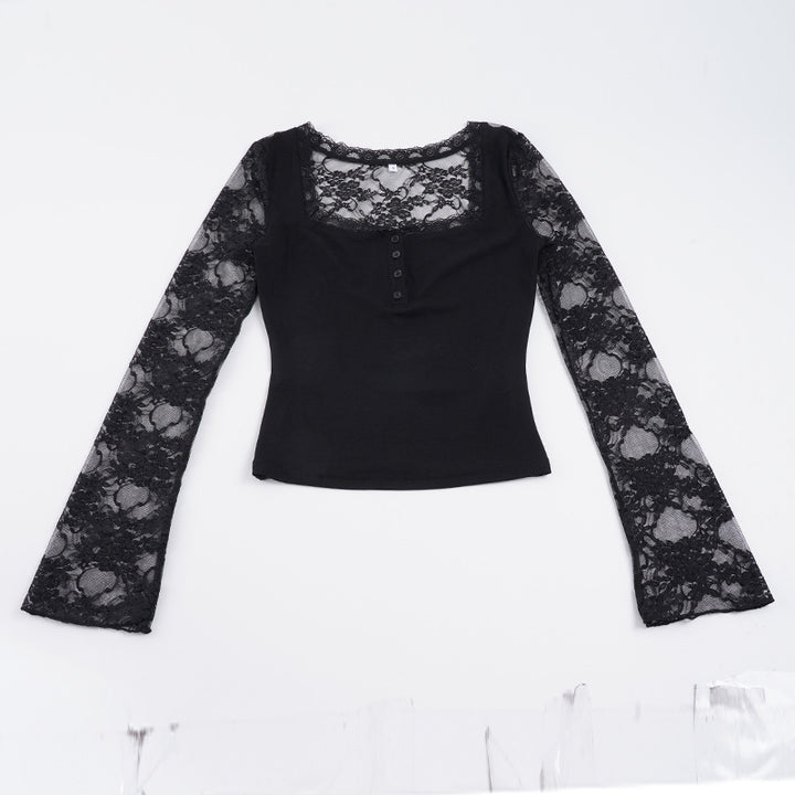 Damen Elegantes Langarmshirt mit Spitze und Knopfdetails Echo Archiv