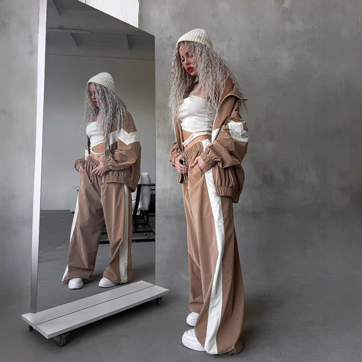 Damen leichte Oversize-Windbreakerjacke mit Kontrastpanelen, Tunnelzugbund und elastischen Bündchen – Célinea
