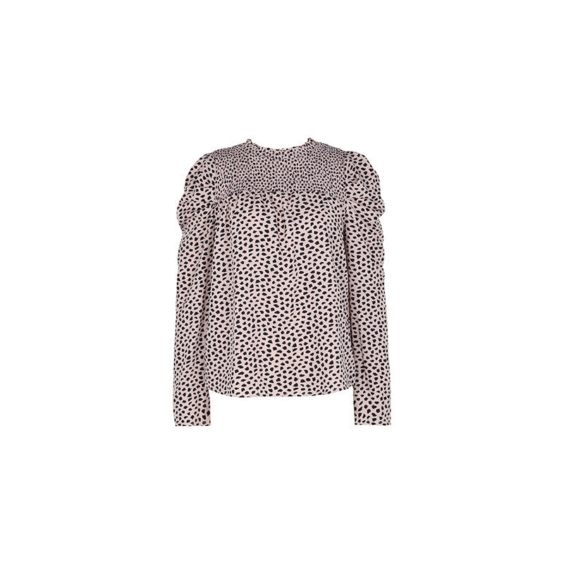 Damen Gepunktete Bluse mit Smok‑Passe, Puffärmeln und lockerem Fall Echoarchiv