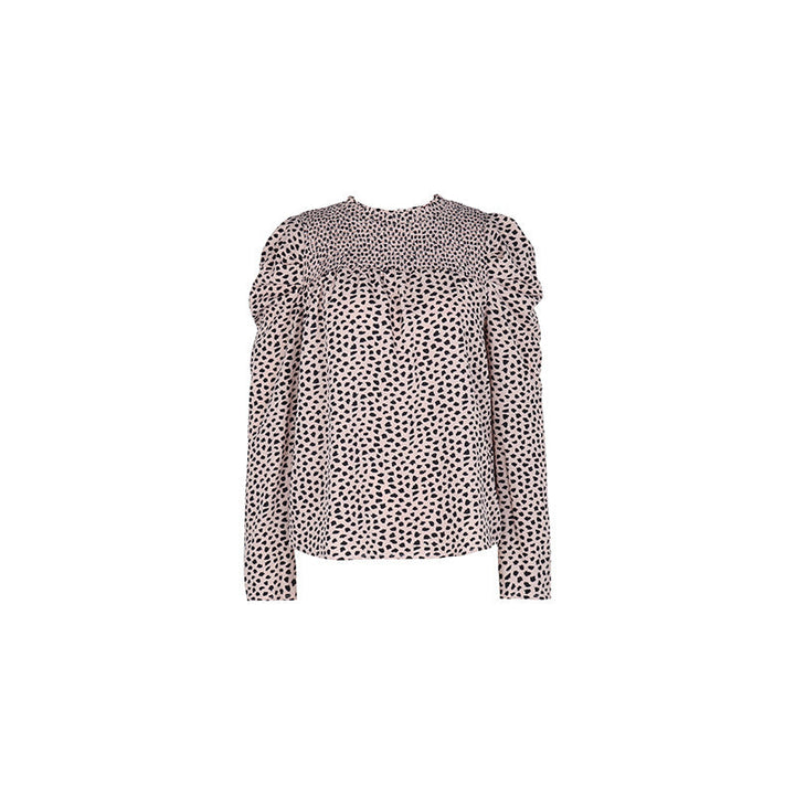 Damen Gepunktete Bluse mit Smok‑Passe, Puffärmeln und lockerem Fall Echoarchiv