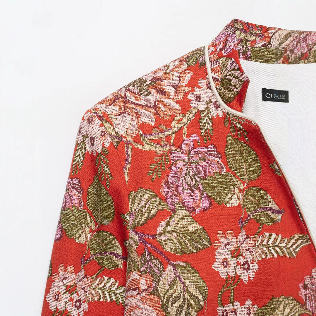 Damen floral gewebte Jacquard‑Bouclé Kurzjacke mit Stehkragen Echo Archiv