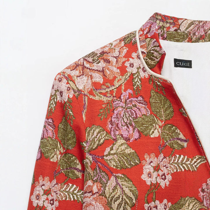 Damen floral gewebte Jacquard‑Bouclé Kurzjacke mit Stehkragen Echo Archiv
