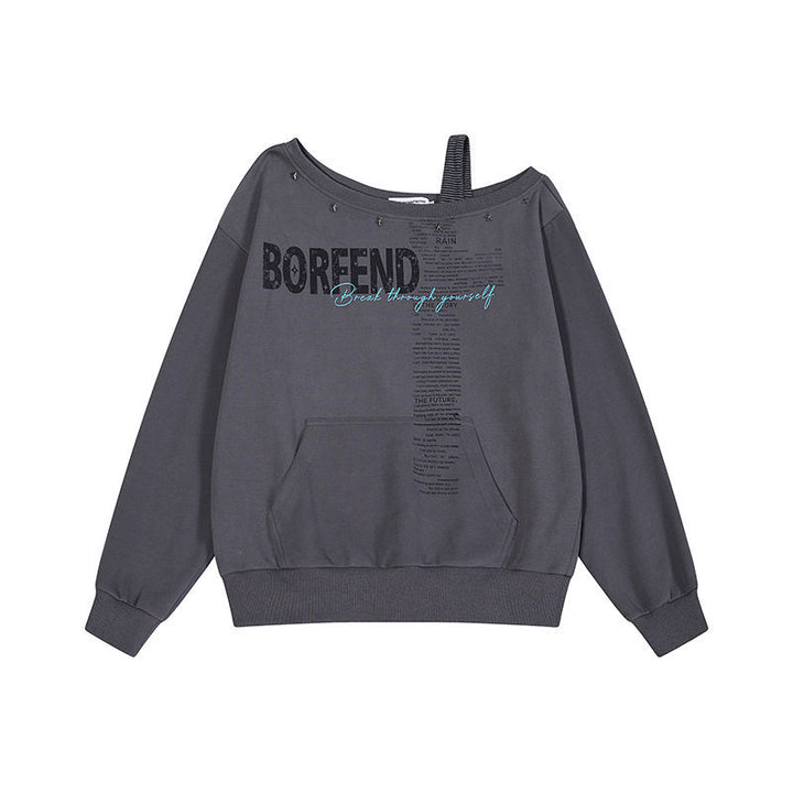 Damen Oversize-Sweatshirt mit asymmetrischem One-Shoulder-Träger, Kängurutasche und Nieten Echoarchiv