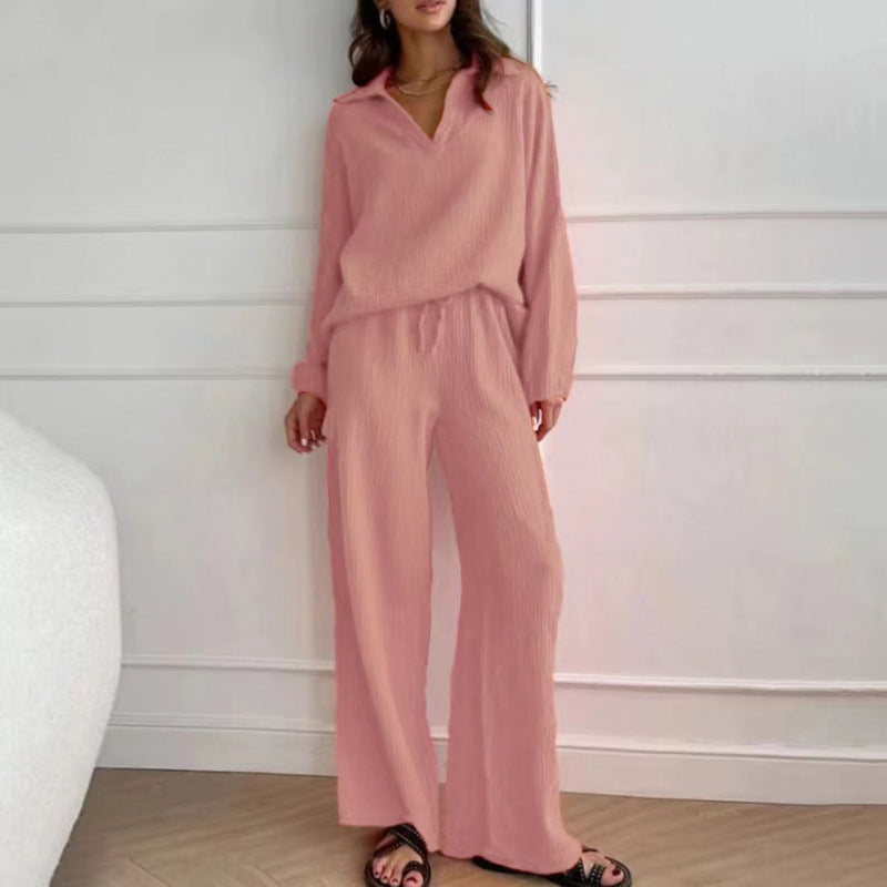Damen Leichtes Crinkle-Lounge-Set mit V-Ausschnitt und weiter High-Waist-Hose Echo Archiv