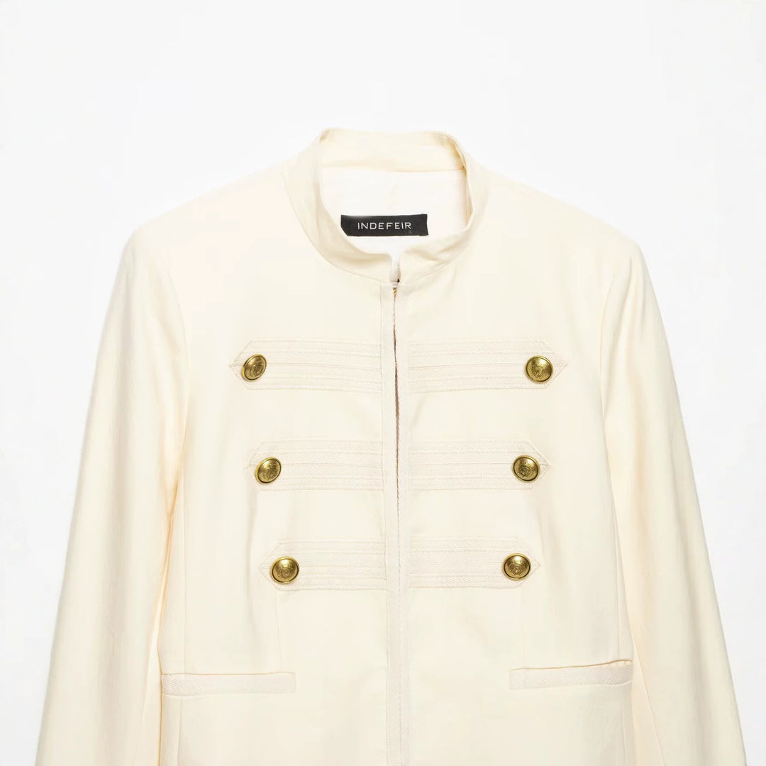 Damen Cropped Militärblazer mit Stehkragen, Zierstreifen und goldenen Statementknöpfen Echoarchiv